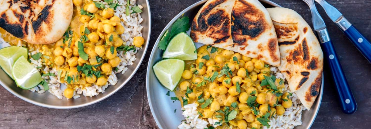 chickpea curry with bread and rice